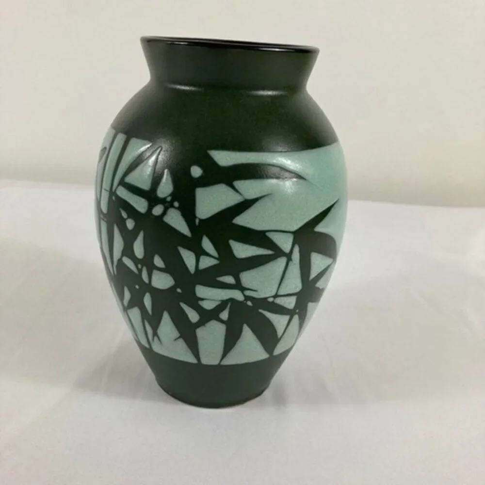Vintage Japanese Ceramic Vase Bamboo Leaves Raised‎ Glaze